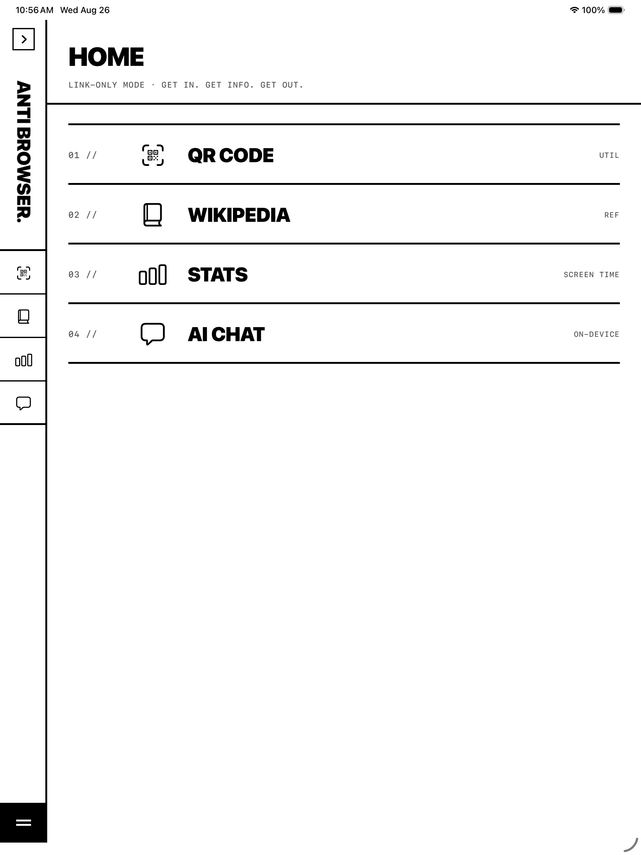 Anti Browser home screen on iPad