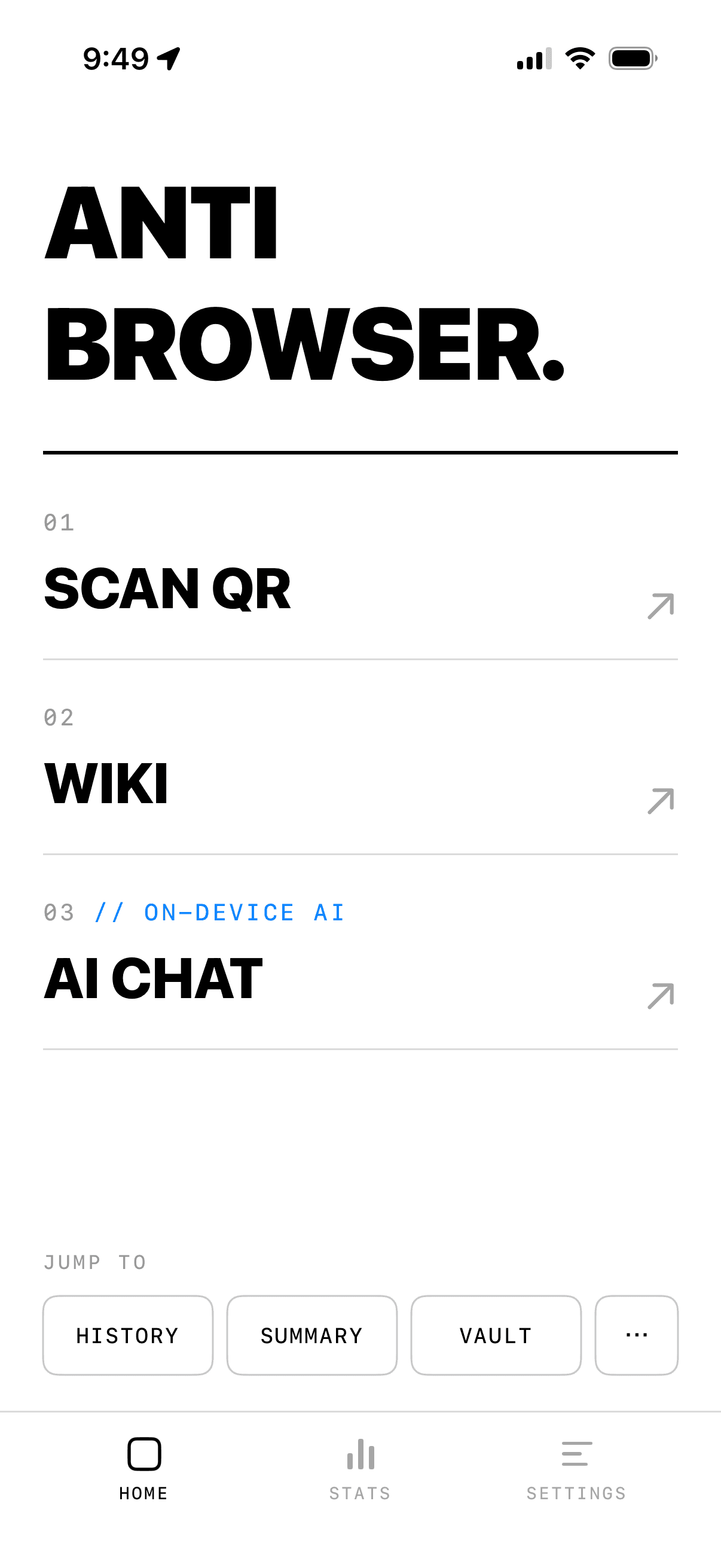 Anti Browser home screen on iPhone