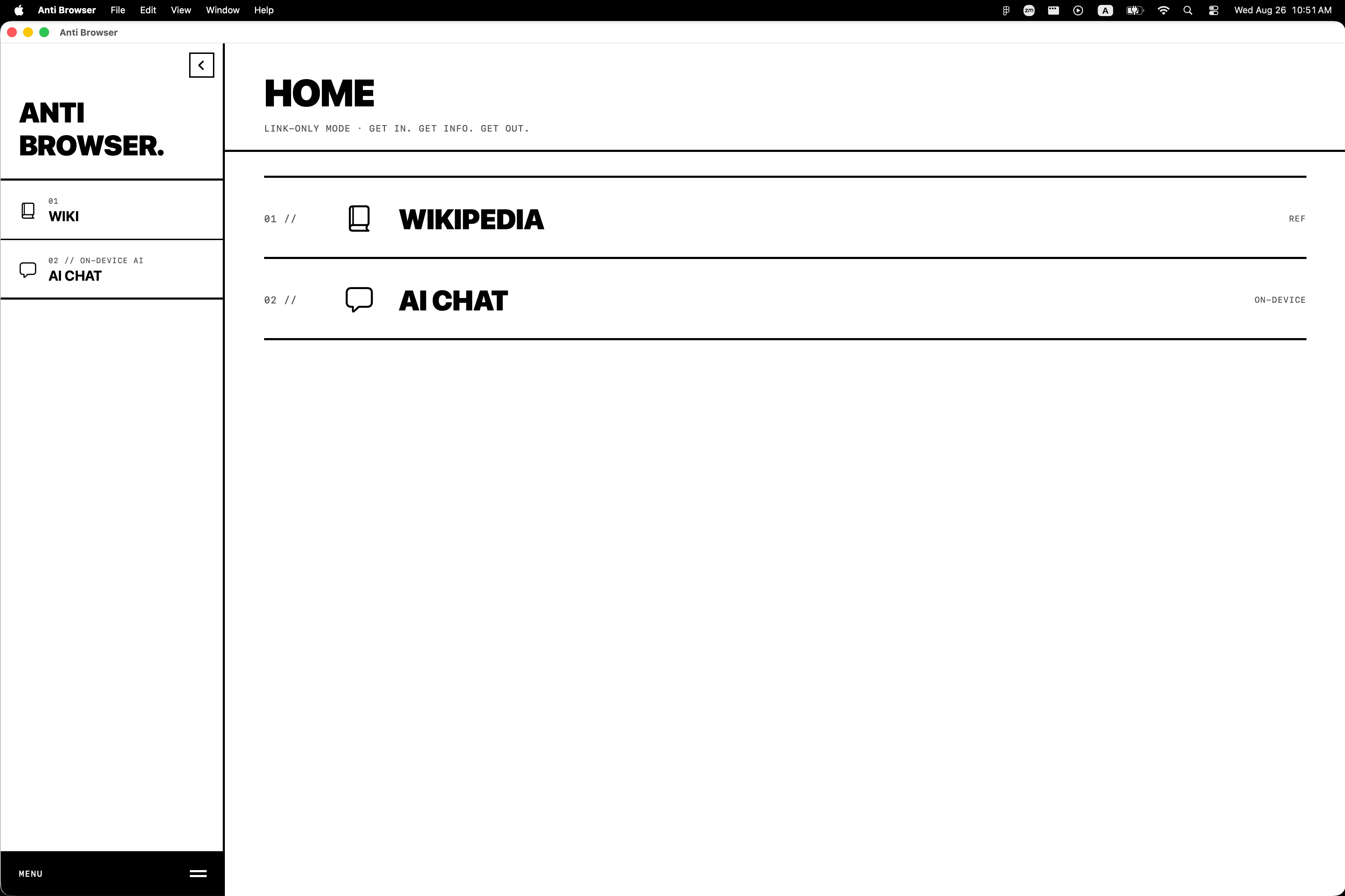 Anti Browser home screen on macOS